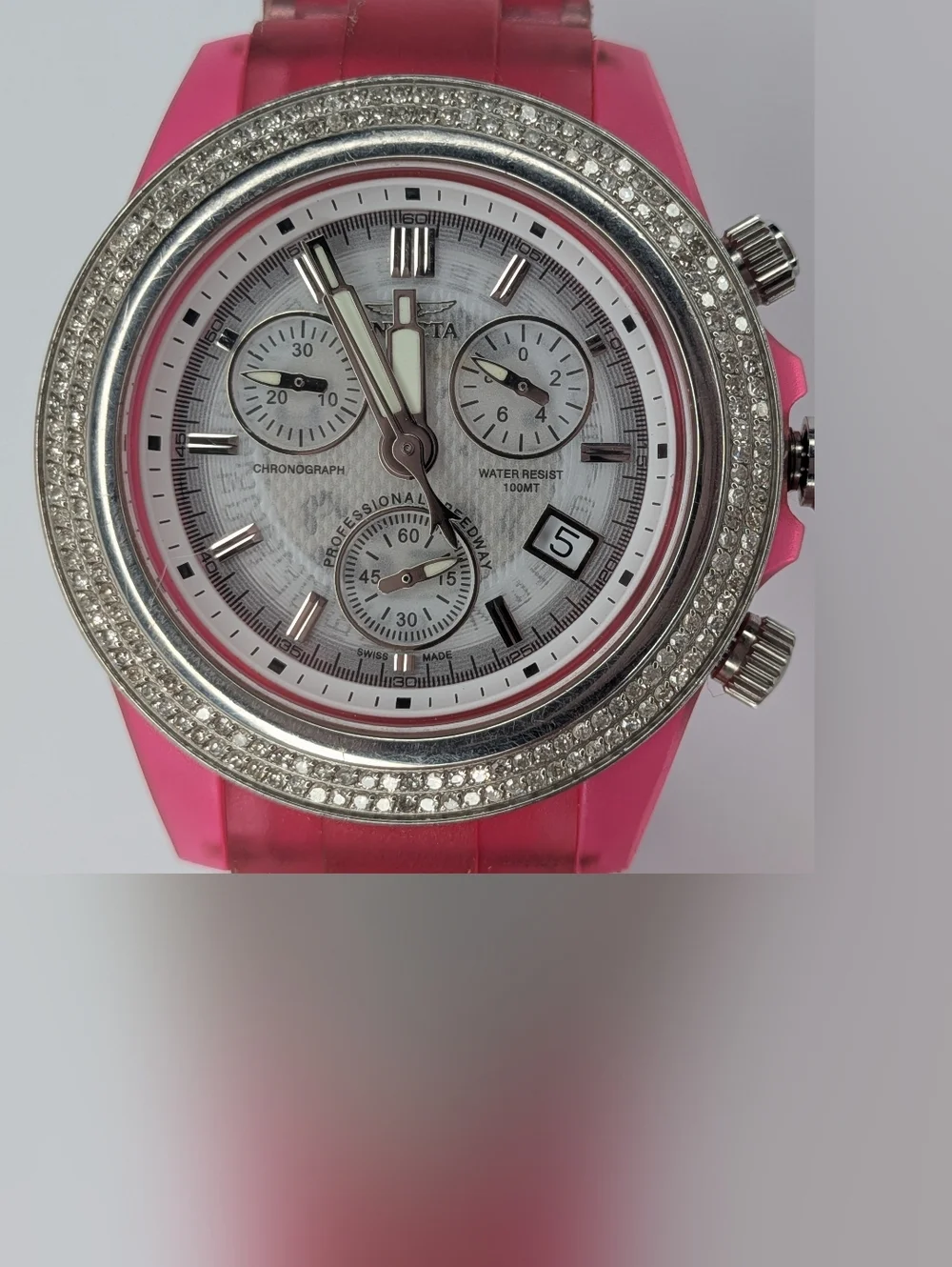 Invicta Chronograph Watch Swiss Movement Silicone Strap Diamond Bezel Pink 3121
